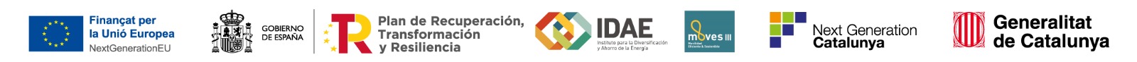 Financat per la Unio Europea - NextGenerationEU - Gobierno de Espana - Plan de Recuperacion, Transformacion y Resiliencia - IDAE - MOVES III - Next Generation Catalunya - Generalitat de Catalunya